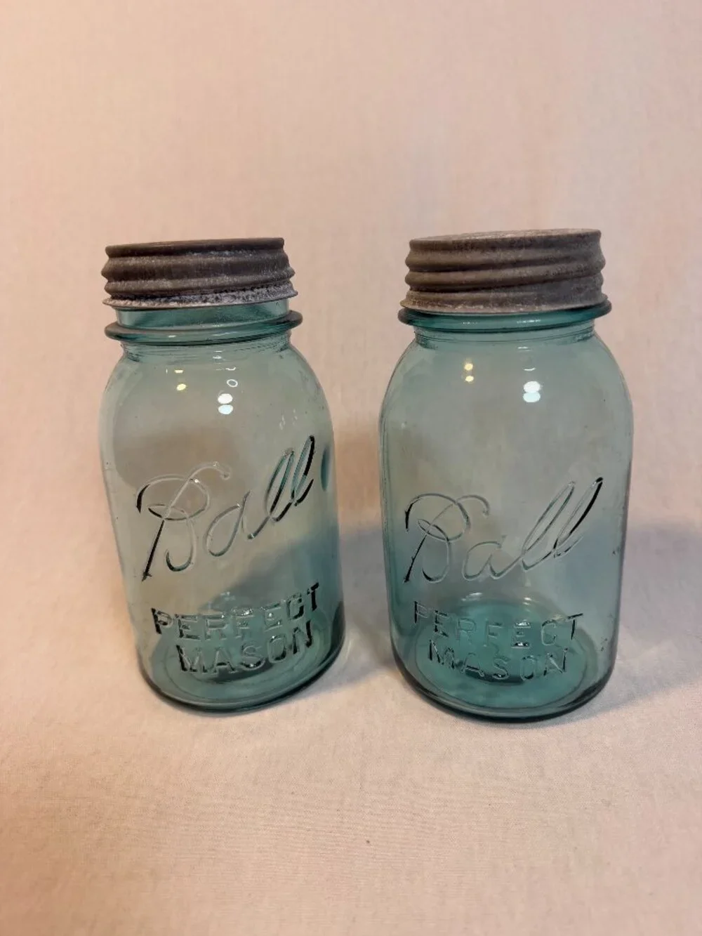 Vintage Ball Perfect Mason Blue Jars Zinc Lids Milk Glass Inserts Set of 2